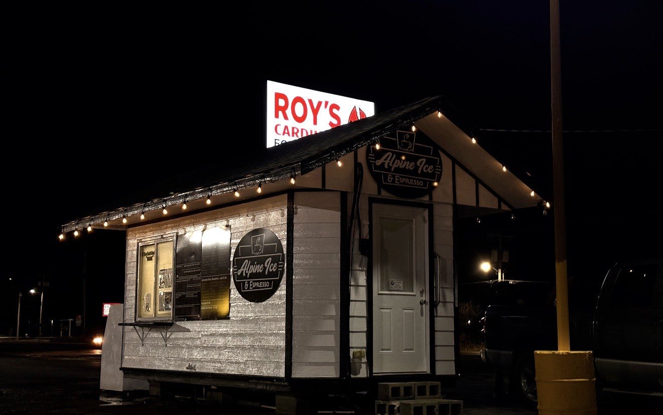 Alpine Ice & Espresso location at night with string lights